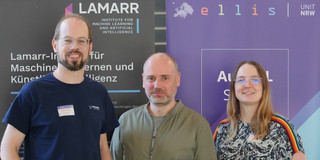 Photo. Group pictute of Matthias Feurer, Bernd Bischl and Katharina Eggensperger at the ELLIS Summer School on AutoML (from left to right).